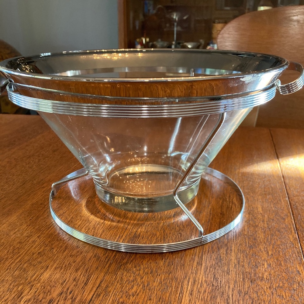 Mid Century Silver Metal Rim Glass Fruit Bowl MCM